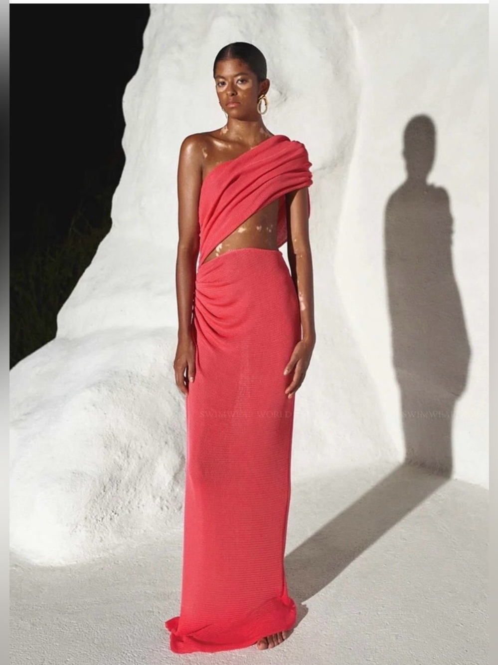 Baobab Collection Coral One-Shoulder Draped Maxi Dress